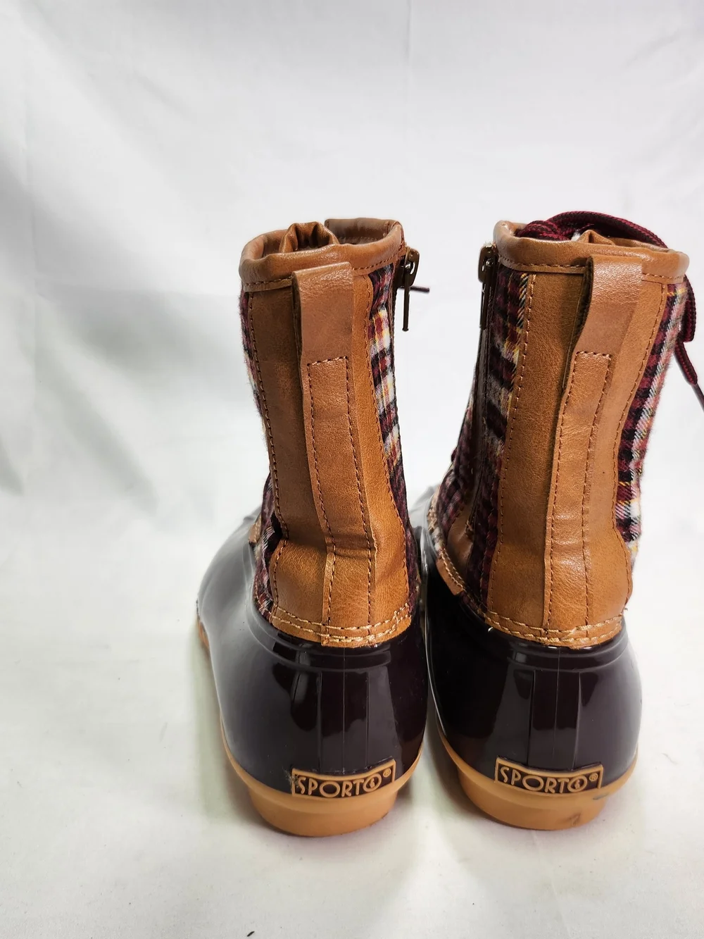 Sporto Maroon Plaid Duck-Style Lace-Up Rain Boots with Tan Trim